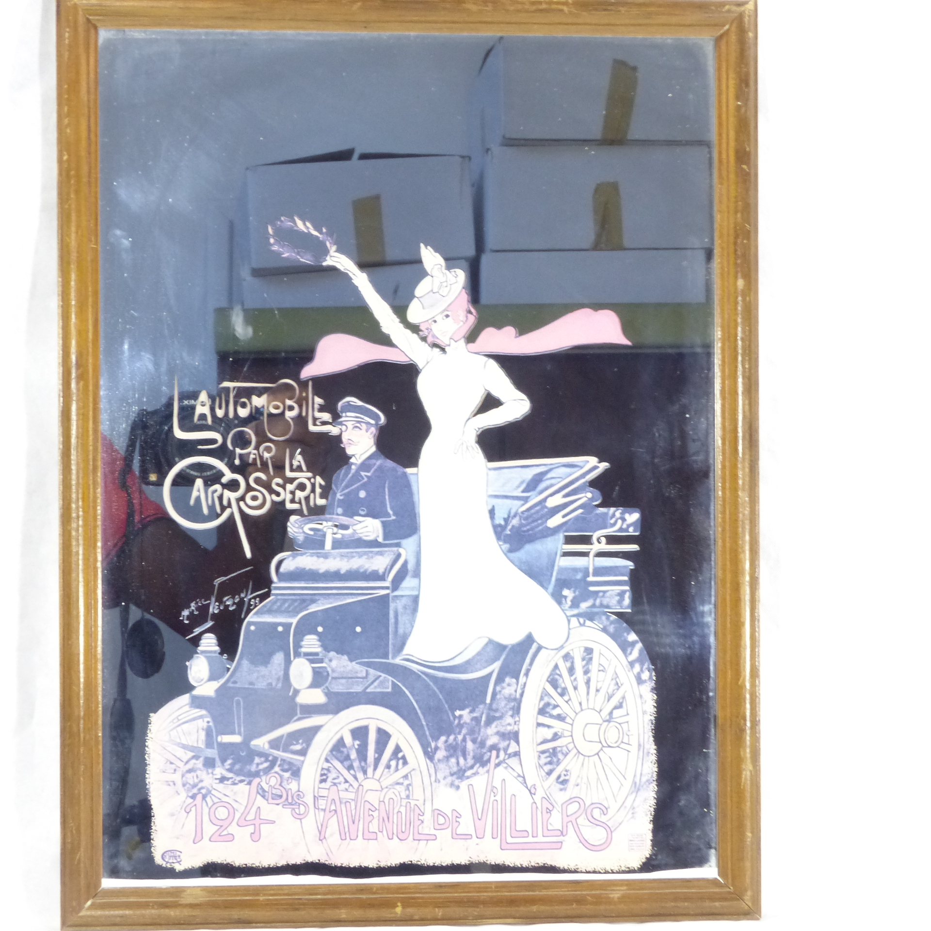 Voir photo 3 de Miroir vintage sérigraphié représentant Guiet et Cie - Maurice Neumont Miroir vintage sérigraphié représentant Guiet et Cie - Maurice Neumont Bon état reconditionné photo 3