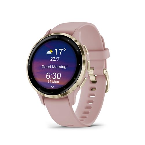 Montre connectée Garmin Venu 3S 41mm en acier Soft Gold, boîtier rose et bracelet en silicone rose État correct Garmin reconditionné disponible sur Fnac | Dero