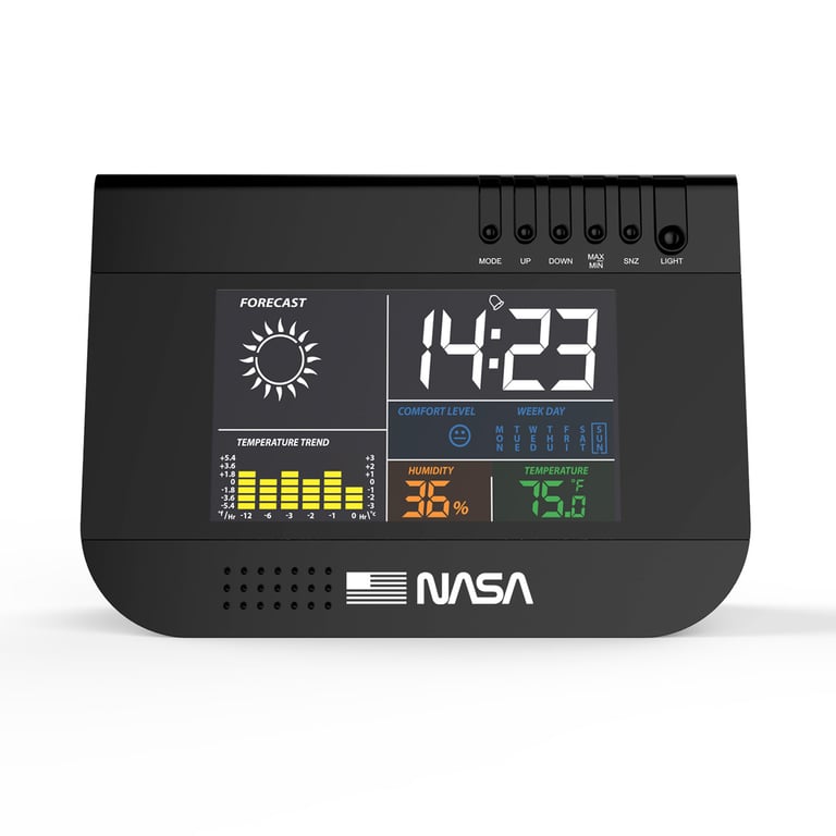 Voir photo 2 de NASA WS100 Station Météo Intérieure – Écran LCD Couleur 3,3'' Rétroéclairé, Température et Humidité Intérieures, Icônes Météorologiques, Horloge, Calendrier et Alarme avec Snooze, Indicateur de Confort - Noir - Excellent état | Dero NASA WS100 Station Météo Intérieure – Écran LCD Couleur 3,3'' Rétroéclairé, Température et Humidité Intérieures, Icônes Météorologiques, Horloge, Calendrier et Alarme avec Snooze, Indicateur de Confort - Noir - Excellent état Parfait état NASA reconditionné photo 2 | Dero