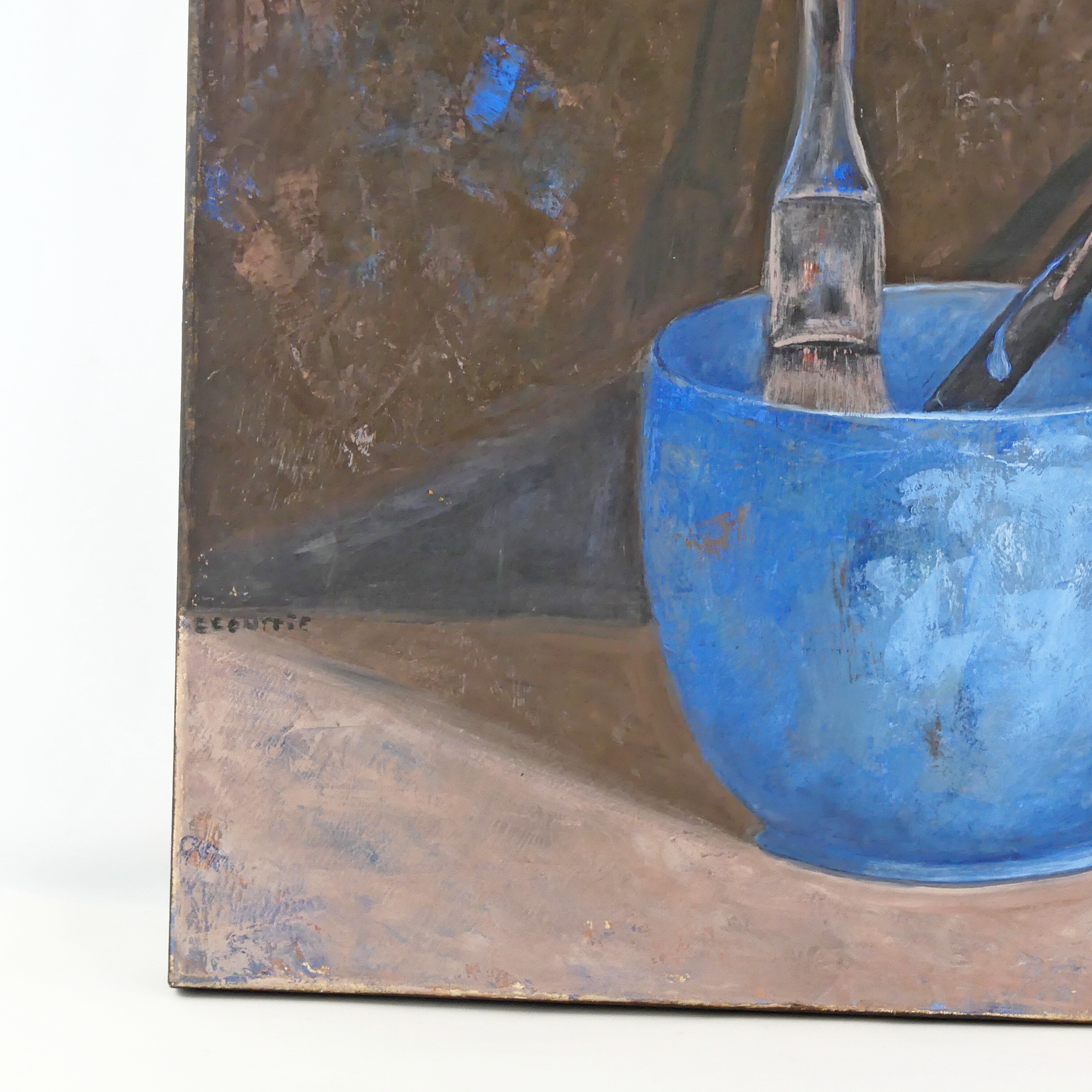 Voir photo 2 de Nature morte signée E.Courrie : les outils du peintre Nature morte signée E.Courrie : les outils du peintre Bon état reconditionné photo 2