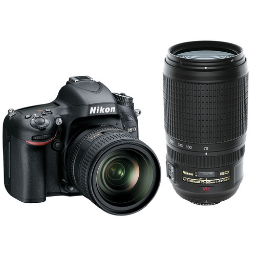 Nikon D610 + AF-S NIKKOR 24–85mm f/3.5-4.5G ED VR + AF-S VR Zoom-NIKKOR 70-300mm f/4.5-5.6G IF-ED + 32GB Kit d'appareil-photo SLR 24,3 MP CMOS 6016 x 4016 pixels Noir - Très bon état Très bon état reconditionné disponible sur Pixmania