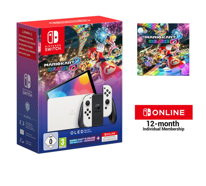 Nintendo Switch OLED + Mario Kart 8 Deluxe + Switch Online 12 Months console de jeux portables 17,8 cm (7 ) 64 Go Écran tactile Wifi Blanc - Excellent état Parfait état reconditionné disponible sur Pixmania