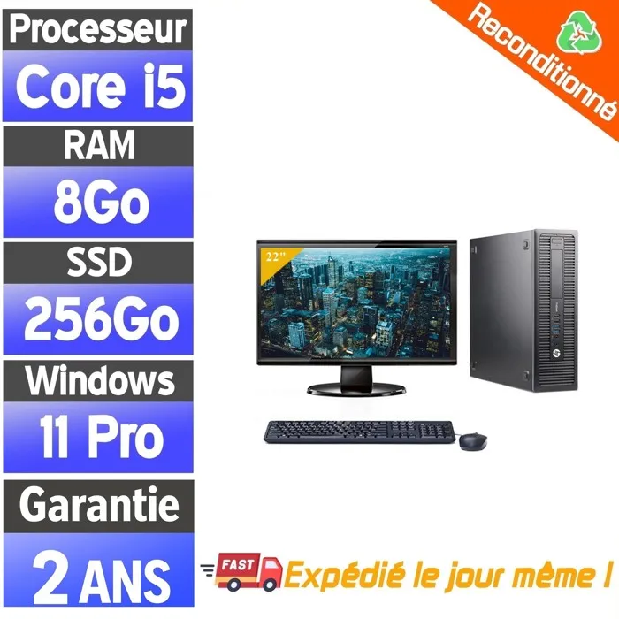 Ordinateur Bureau avec - Écran 22 pouces - Intel i5 6th Gen - 8GB RAM - Disque SSD 256 Go - OS Windows 11 Pro - HP - Dell - Lenovo Reconditionné Dell reconditionné disponible sur Cdiscount Seconde Vie | Dero