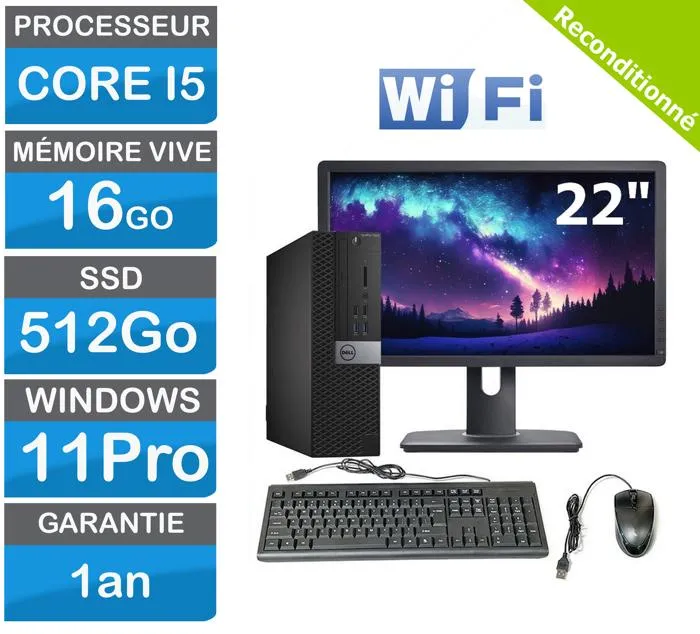 Ordinateur de bureau avec écran HP Dell Lenovo - écran 22 pouces i5 6ème gen 16 Go RAM refurbished reconditionné disponible sur Cdiscount Seconde Vie