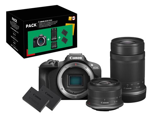 Pack Appareil photo hybride Canon EOS R100 Noir + Objectif RF-S 18-45mm f/4.5-6.3 IS STM + Objectif RF-S 55-210 mm f/5-7.1 IS STM + 2ème batterie + chargeur État correct Canon reconditionné disponible sur Fnac