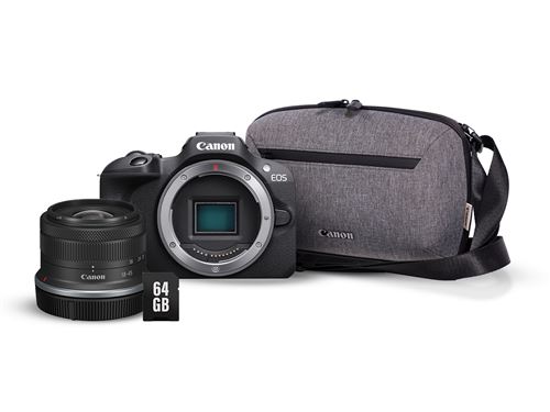 Pack Appareil photo hybride Canon EOS R100 Noir + RF-S 18-45mm f/4.5-6.3 IS STM + Sac photo + carte SD 64 Go État correct - 527,99 € Pack Appareil photo hybride Canon EOS R100 Noir + RF-S 18-45mm f/4.5-6.3 IS STM + Sac photo + carte SD 64 Go État correct Canon reconditionné disponible sur Fnac | Dero