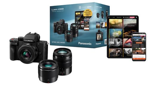 Pack Appareil photo hybride Panasonic G100D + Objectif standard 12-32 mm + Téléobjectif 45-150 mm + Focale fixe 25 mm F1.7 + formation Jiminy État correct Panasonic reconditionné disponible sur Fnac