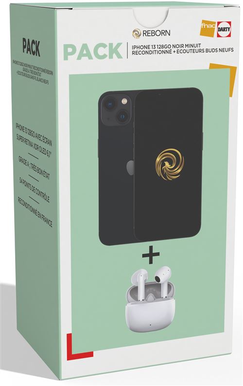 Pack Apple iPhone 13 6,1" 5G Double SIM 128 Go Noir Reconditionné Grade A Reborn + Ecouteurs sans fil blancs Neufs État correct reconditionné disponible sur Fnac