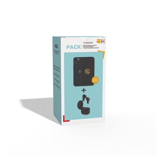 Pack Apple iPhone 14 6,1" 5G Double SIM 128 Go Noir Reconditionné par Reborn Grade A + Ecouteurs sans fil noir Neufs État correct reconditionné disponible sur Fnac