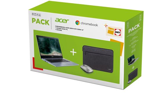 Pack Chromebook Acer CB314-1HT-C6UF Ecran tactile 14" Intel Celeron 8 Go RAM 64 Go eMMC Gris argent + Souris sans fil + Housse État correct Acer reconditionné disponible sur Fnac
