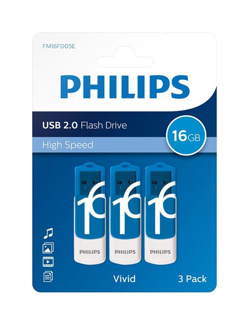 Pack Clé USB 2.0 Philips Vivid Edition Bleu 3 x 16 Go État correct Philips reconditionné disponible sur Fnac