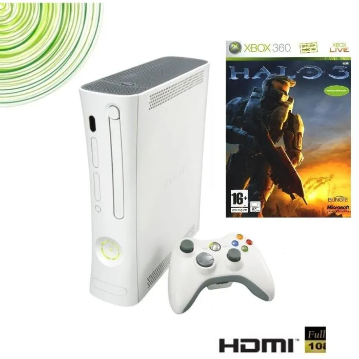 Pack Console Xbox 360 Arcade + Halo 3 - Manette sans-fil Connectique HDMI et YUV - Blanc - Licence Pac Man Reconditionné - 130,00 € Pack Console Xbox 360 Arcade + Halo 3 - Manette sans-fil Connectique HDMI et YUV - Blanc - Licence Pac Man Reconditionné reconditionné disponible sur Cdiscount Seconde Vie | Dero