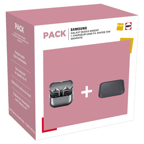 Pack Ecouteurs intra-auriculaires sans fil Samsung Galaxy Buds 3 avec réduction de bruit Argent + Chargeur sans fil rapide 15 W Graphite État correct Samsung reconditionné disponible sur Fnac