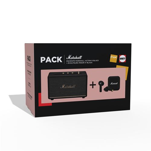 Pack Enceinte sans fil Bluetooth Multipoint Marshall Acton III Noir + Ecouteurs sans fil True Wireless Minor IV Noir État correct Marshall reconditionné disponible sur Fnac