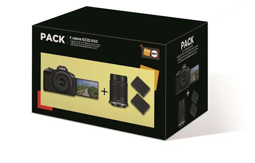 Pack Fnac Appareil photo hybride Canon EOS R50 Noir + RF-S 18-45mm f/4.5-6.3 IS STM + RF-S 55-210mm f/5-7.1 IS STM + 2ème batterie + chargeur État correct - 823,99 € Pack Fnac Appareil photo hybride Canon EOS R50 Noir + RF-S 18-45mm f/4.5-6.3 IS STM + RF-S 55-210mm f/5-7.1 IS STM + 2ème batterie + chargeur État correct Canon reconditionné disponible sur Fnac