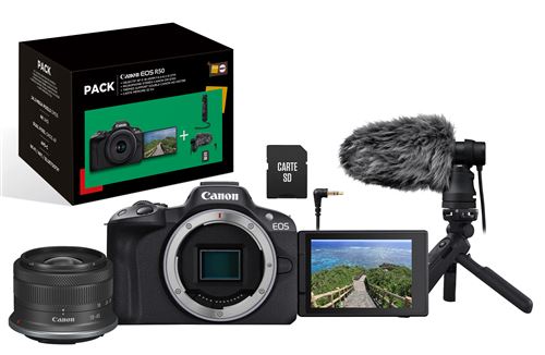 Pack Fnac Appareil photo hybride Canon EOS R50 Noir + RF-S 18-45mm f/4.5-6.3 IS STM + Micro + Trépied + Télécommande + carte SD + Chargeur État correct reconditionné disponible sur Fnac