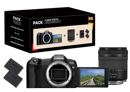 Pack Fnac Appareil photo hybride Canon EOS R8 + RF 24-105mm f/4-7,1 IS STM + 2ème batterie État correct Canon reconditionné disponible sur Fnac