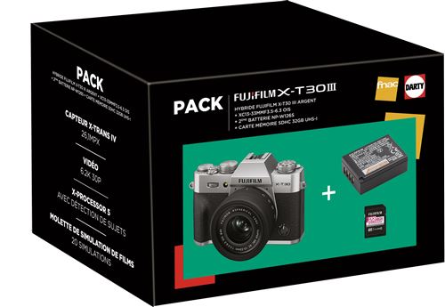 Pack Fnac Appareil photo hybride Fujifilm X-T30 III Argent + Objectif zoom XC 13-33 mm f/3.5-6.3 OIS Noir + Batterie NP-W126S + Carte SD 32 Go État correct Fujifilm reconditionné disponible sur Fnac | Dero