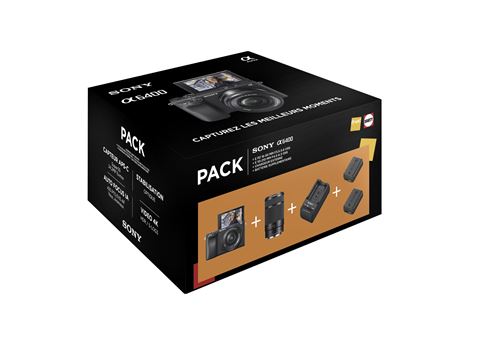 Pack Fnac Appareil photo Hybride Sony A6400 Noir + Objectif E PZ 16-50 mm f/3.5-5.6 OSS + Objectif E 55-210 mm f/4.5-6.3 OSS + chargeur externe + 2ème batterie État correct - 809,99 € Pack Fnac Appareil photo Hybride Sony A6400 Noir + Objectif E PZ 16-50 mm f/3.5-5.6 OSS + Objectif E 55-210 mm f/4.5-6.3 OSS + chargeur externe + 2ème batterie État correct Sony reconditionné disponible sur Fnac