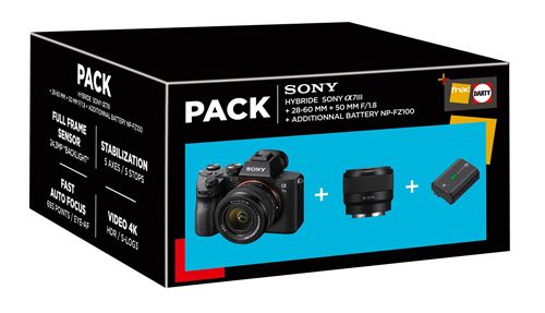 Pack Fnac Appareil photo hybride Sony Alpha 7III Noir + FE 28-60mm f/4-5.6 + FE 50mm f/1,8 + Batterie additionnelle Sony NP-FZ100 État correct Sony reconditionné disponible sur Fnac | Dero