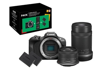 Pack Fnac Darty Appareil photo hybride Canon EOS R100 Noir + RF-S 18-45mm f/4.5-6.3 IS STM + RF-S 55-210mm f/5-7.1 IS STM + 2eme batterie + chargeur Bon état Canon reconditionné disponible sur Darty