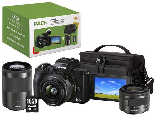 Pack Fnac Hybride Canon EOS M50 Mark II Noir + Objectif EF-M 15-45 mm f/3.5-6.3 IS STM + Objectif EF-M 55-200 mm f/4.5-6.3 IS STM Noir + Etui + Carte SD 16 Go État correct - 690,99 € Pack Fnac Hybride Canon EOS M50 Mark II Noir + Objectif EF-M 15-45 mm f/3.5-6.3 IS STM + Objectif EF-M 55-200 mm f/4.5-6.3 IS STM Noir + Etui + Carte SD 16 Go État correct Canon reconditionné disponible sur Fnac