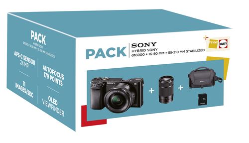 Pack Fnac Hybride Sony Alpha A6000 + Objectifs 16-50 mm + 55-210 mm + Carte Mémoire SD 16 Go + Fourre-tout État correct reconditionné disponible sur Fnac