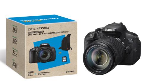 Pack Fnac Reflex Canon EOS 700D + Obj. Canon EF-S IS STM 18 - 135 mm f/3.5 - 5.6 + Sac à dos + SDHC 16Go État correct Canon reconditionné disponible sur Fnac