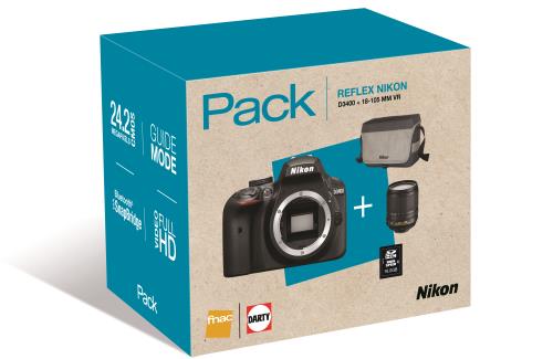 Pack Fnac Reflex Nikon D3400 + Objectif AF-S DX Nikkor 18-105 mm f/3.5-5.6 G ED VR + Fourre-tout + Carte mémoire SDHC 16 Go État correct reconditionné disponible sur Fnac