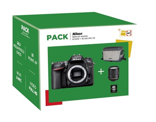Pack Fnac Reflex Nikon D7200 Boîtier Nu + Objectif AFS DX Nikkor 18-105 mm f/3.5-5.6G ED VR + Fourre-tout + Carte mémoire SDHC 16 Go État correct reconditionné disponible sur Fnac
