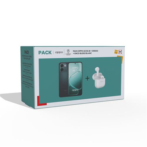 Pack Fnac Smartphone Oppo A6 6,75" 5G Double Nano SIM 256 Go Noir Saphir + Enco Buds3 Blanc neige État correct Oppo reconditionné disponible sur Fnac