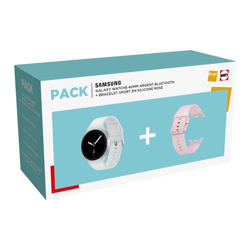 Pack Montre connectée Samsung Galaxy Watch 8 40 mm Bluetooth Argent + Bracelet sport en silicone Rose État correct Samsung reconditionné disponible sur Fnac