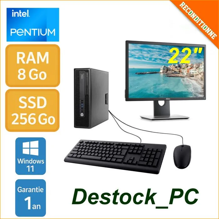 Pack Ordinateur Fixe Reconditionné avec Écran 22 - Intel Pentium - 8 Go RAM - SSD 256 Go - Windows 11 Pro Reconditionné Hewlett-Packard reconditionné disponible sur Cdiscount Seconde Vie