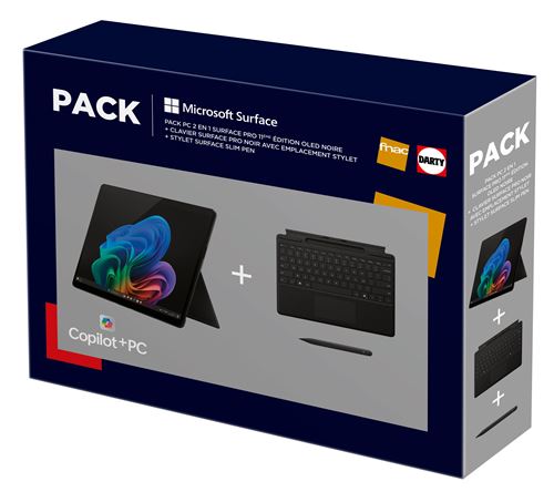 Pack PC Hybride 2 en 1 Microsoft Surface Pro 11ème Edition 13" Copilot+PC Ecran tactile Snapdragon® X Elite 16 Go RAM 512 Go SSD Noir + Clavier Surface Pro Noir avec emplacement stylet + Stylet Surface Slim Pen État correct Microsoft reconditionné disponible sur Fnac