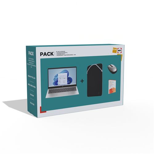 Pack PC portable HP 14-EP0055 14" Full HD Intel® Core™ i3 8 Go RAM 512 Go SSD Argent naturel + Souris HP sans fil + Housse HP 14" + Microsoft 365 personnel 1 an État correct Hewlett-Packard reconditionné disponible sur Fnac