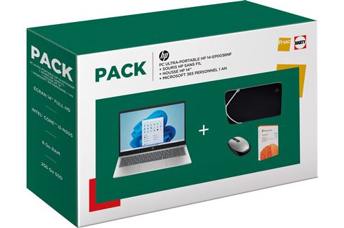 Pack PC Portable HP Laptop 14-ep0036nf 14"" Intel® Core™ i3 8 Go RAM 256 Go SSD Argent naturel + Souris sans fil Bluetooth Argent vif + Housse de protection réversible pour ordinateur + Microsoft 365 Personnel 1 an État correct Hewlett-Packard reconditionné disponible sur Fnac
