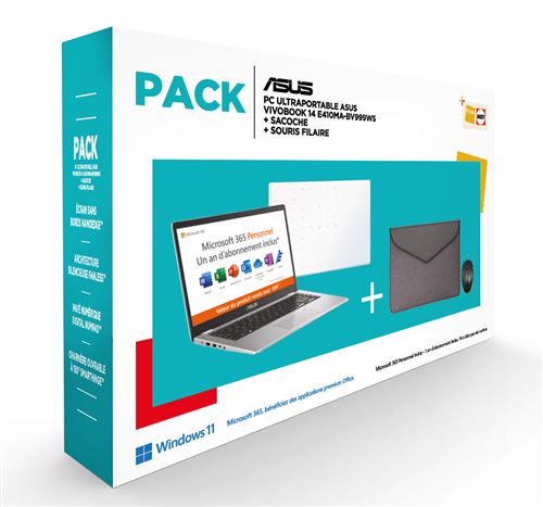 Pack PC Ultra-Portable Asus Vivobook 14 E410MA-BV999WS 14" Intel Celeron 4 Go RAM 128 Go eMMC Blanc + Pochette + Souris filaire État correct Asus reconditionné disponible sur Fnac