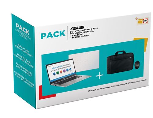 Pack PC Ultra-Portable Asus VivoBook E410MA-BV1169TS 14" Intel Celeron 4 Go RAM 64 Go eMMC Blanc + Sacoche + Souris filaire État correct Asus reconditionné disponible sur Fnac