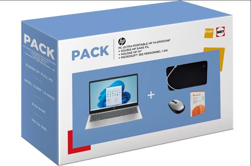 Pack PC Ultra-Portable HP 14-ep0013nf 14"" Intel® Core™ i3 8 Go RAM 512 Go SSD Argent naturel + Souris HP Sans Fil + Housse HP 14"" + Microsoft 365 Personnel 1 an État correct Hewlett-Packard reconditionné disponible sur Fnac