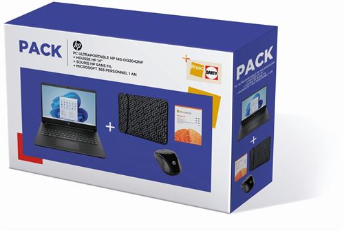 Pack PC Ultra-Portable HP 14s-dq2042nf 14" Intel Core i3 8 Go RAM 256 Go SSD Noir ébène + Housse de protection réversible pour HP 14" + Souris sans fil HP 220 Noir + Microsoft 365 Personnel 1 an État correct reconditionné disponible sur Fnac