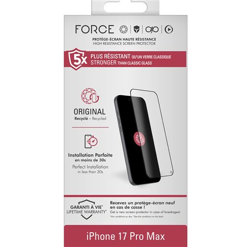 Acheter Pack Protection d'écran Forceglass 2,5D Original Transparent pour iPhone 17 Pro Max + 3 Protège Lentilles État correct - 24,99 € Pack Protection d'écran Forceglass 2,5D Original Transparent pour iPhone 17 Pro Max + 3 Protège Lentilles État correct ForceGlass (note : la casse peut varier en fonction des pré reconditionné disponible sur Fnac