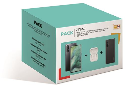 Pack Smartphone Oppo Find X2 Neo 6,5" 256 Go 5G Noir lunaire + Coque de protection Oppo Kevlar Noir + Ecouteurs sans fil Bluetooth Oppo Enco W51 Blanc État correct Oppo reconditionné disponible sur Fnac