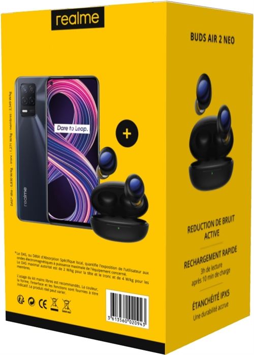 Pack Smartphone Realme 8 6.4"" Double SIM 5G 128 Go Noir + Ecouteurs sans fil Bluetooth Realme Buds Air 2 Neo à réduction du bruit Noir État correct Realme reconditionné disponible sur Fnac