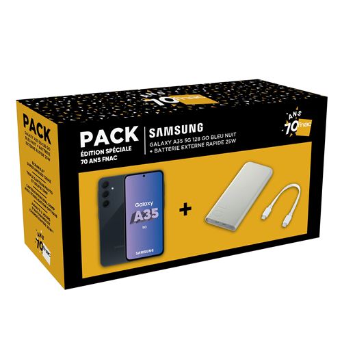 Pack Smartphone Samsung Galaxy A35 6,6" 5G Nano SIM 128 Go Bleu Nuit + Batterie externe rapide 25 W Blanc 70 ans FNAC État correct Samsung reconditionné disponible sur Fnac