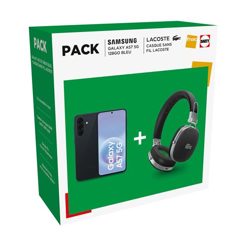 Pack Smartphone Samsung Galaxy A57 6.7" 5G Nano SIM 128 Go Bleu + Casque sans fil Lacoste État correct Samsung reconditionné disponible sur Fnac