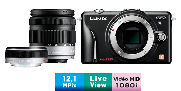 Panasonic Lumix DMC-GF2-W Noir + 2 Obj. Lumix G : Vario MEGA O.I.S. 14 - 42 mm f/3.5 - 5.6 ASPH + Pancake 14 mm f/2.5 ASPH. État correct Panasonic reconditionné disponible sur Fnac