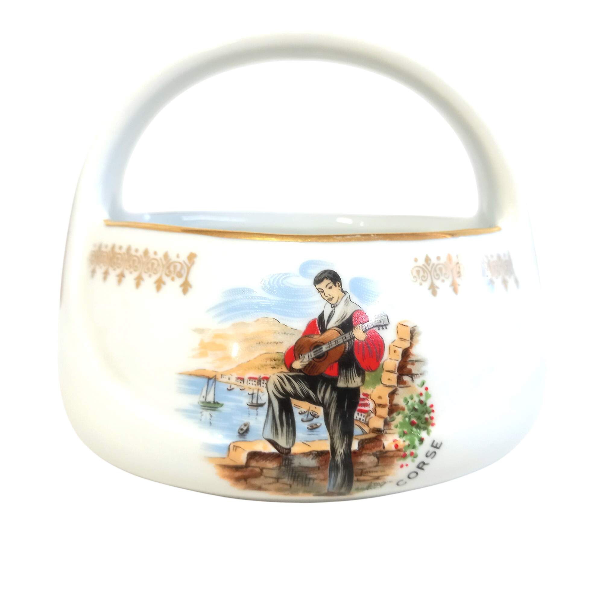 Panier en porcelaine de marque FO, avec anse, décor chanteur Corse Très bon état - 15,00 € Panier en porcelaine de marque FO, avec anse, décor chanteur Corse Très bon état reconditionné disponible sur Label Emmaüs