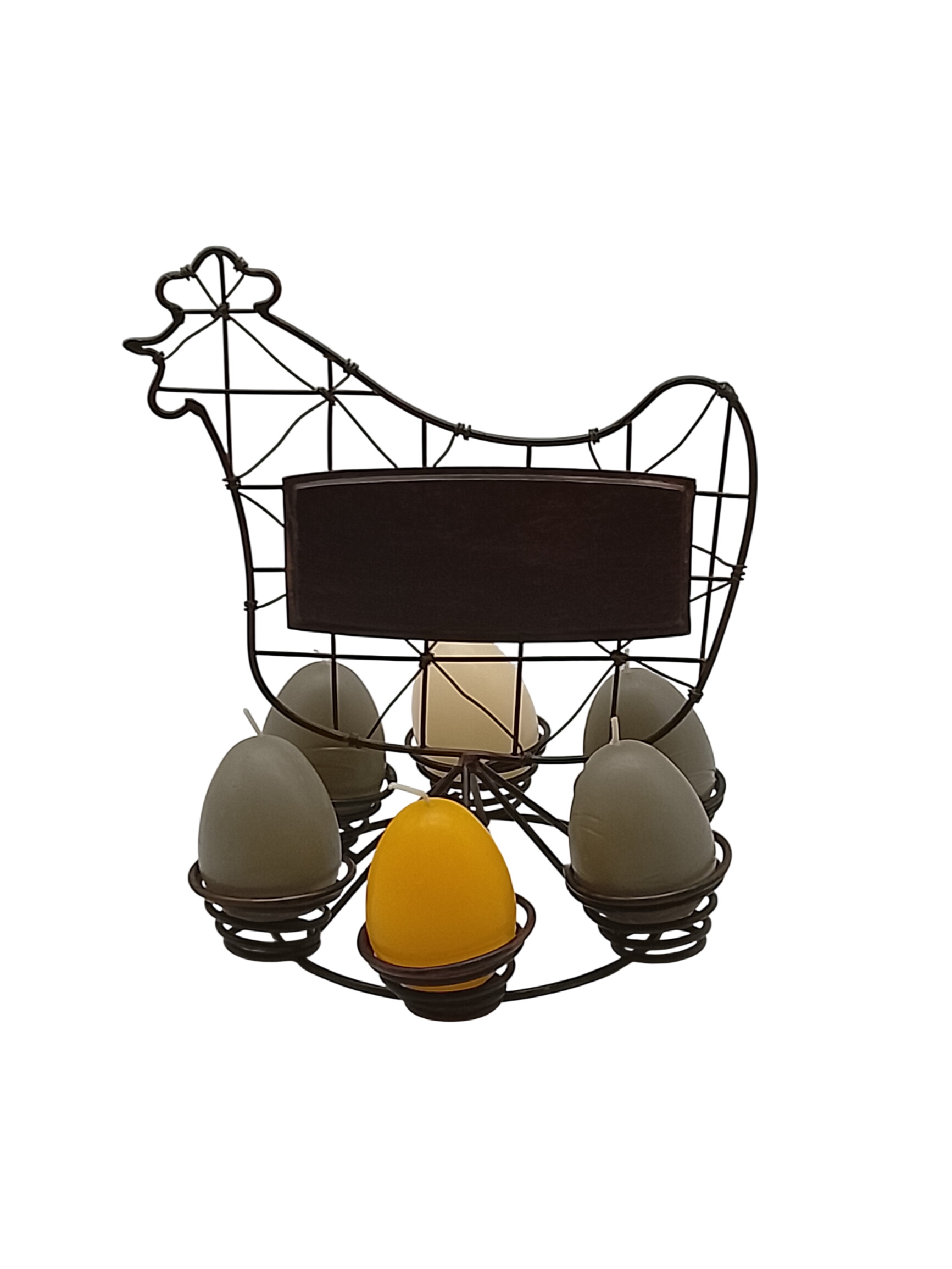 Panier "Poule" en fer forgé avec 6 bougies œufs Très bon état - 11,75 € Panier "Poule" en fer forgé avec 6 bougies œufs Très bon état reconditionné disponible sur Label Emmaüs
