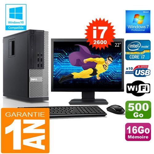 Pc dell 990 sff core i7-2600 ram 16go disque 500 go wifi w7 ecran 22' État correct Dell reconditionné disponible sur Fnac
