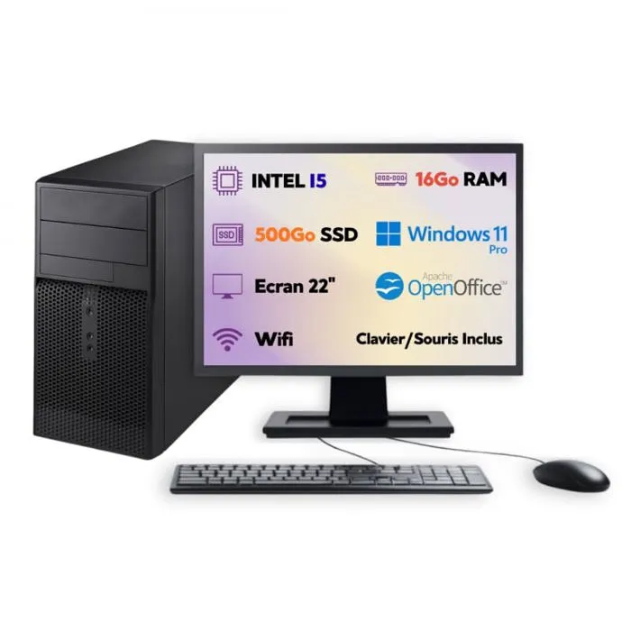 PC Tour Écran 22 I5 SSD 500Go RAM 16Go W11 Pro WiFi Clavier Souris Open. Office 2025 - Tour dordinateur - Clavier Souris Reconditionné reconditionné disponible sur Cdiscount Seconde Vie | Dero